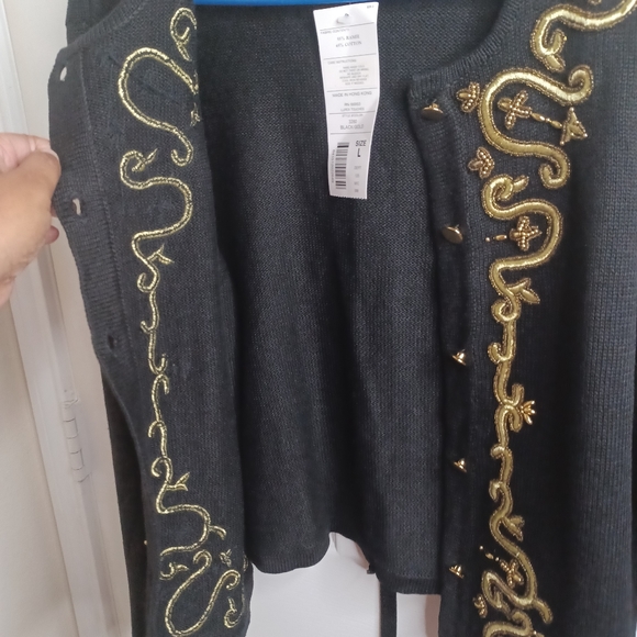 Vintage Joan Leslie Petite Large Black Gold Knit Button Up Cardigan New With Tag - Picture 7 of 12